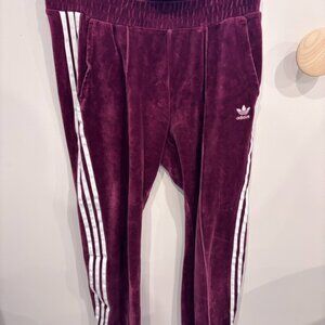 Burgundy velour adidas track pants